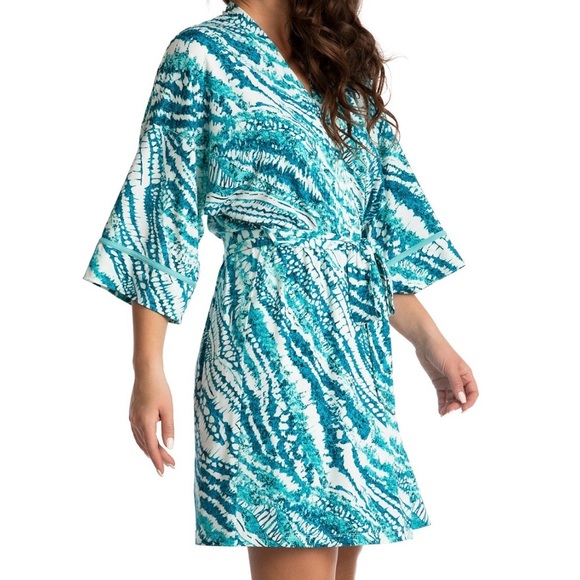 Linea Donatella Amaya 3/4-Sleeve Printed Robe Teal and White Size L/XL - Picture 3 of 8